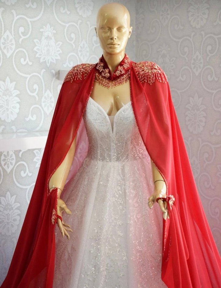 Kırmızı Gelinlik Üstü Pelerin Şifon - Görsel 4