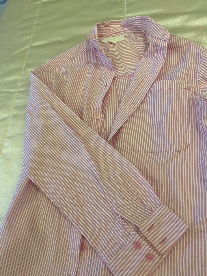 Pembe Çizgili Uzun Kollu Keten Gömlek - Görsel 3