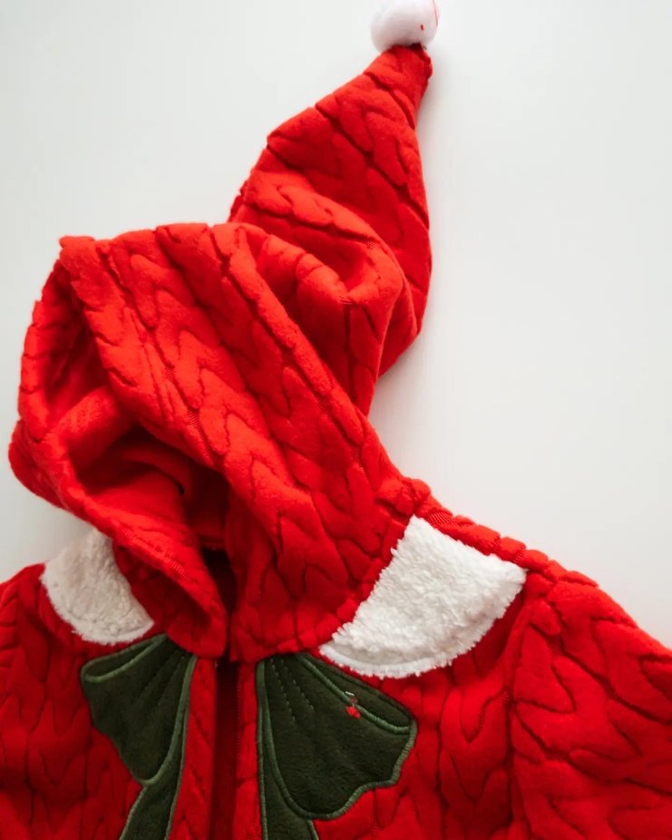 Eldiven Nakışlı Kırmızı Bebek Örgü Yılbaşı Tulum - Görsel 4