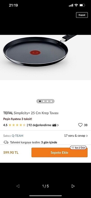 İki adet tefal tava