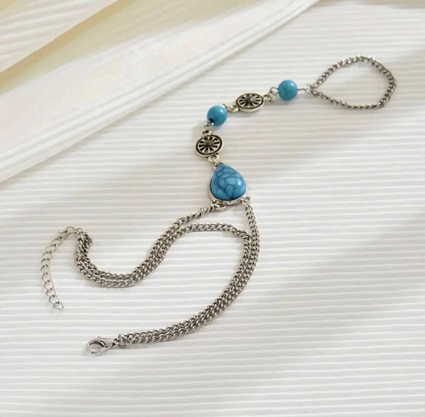 Boncuklu Turkuaz Bohem El Zinciri - Görsel 2