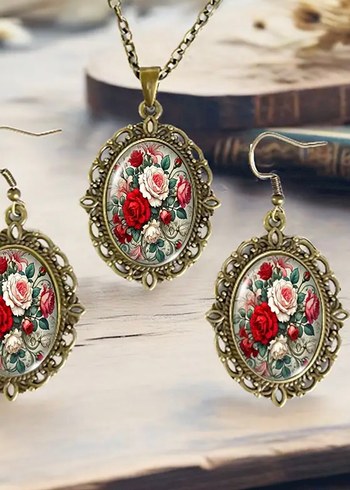 Beden Renkli Nakışlı Mini Bohem Kolye ve Küpe Seti