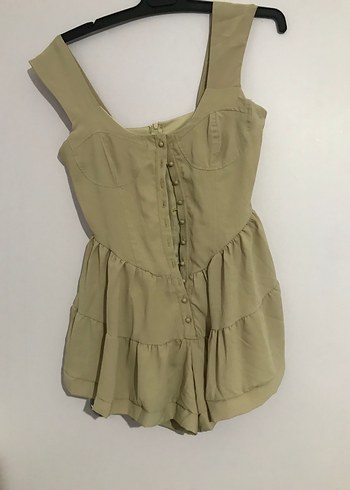 Düğmeli Keten Bej Mini Tulum - Görsel 3