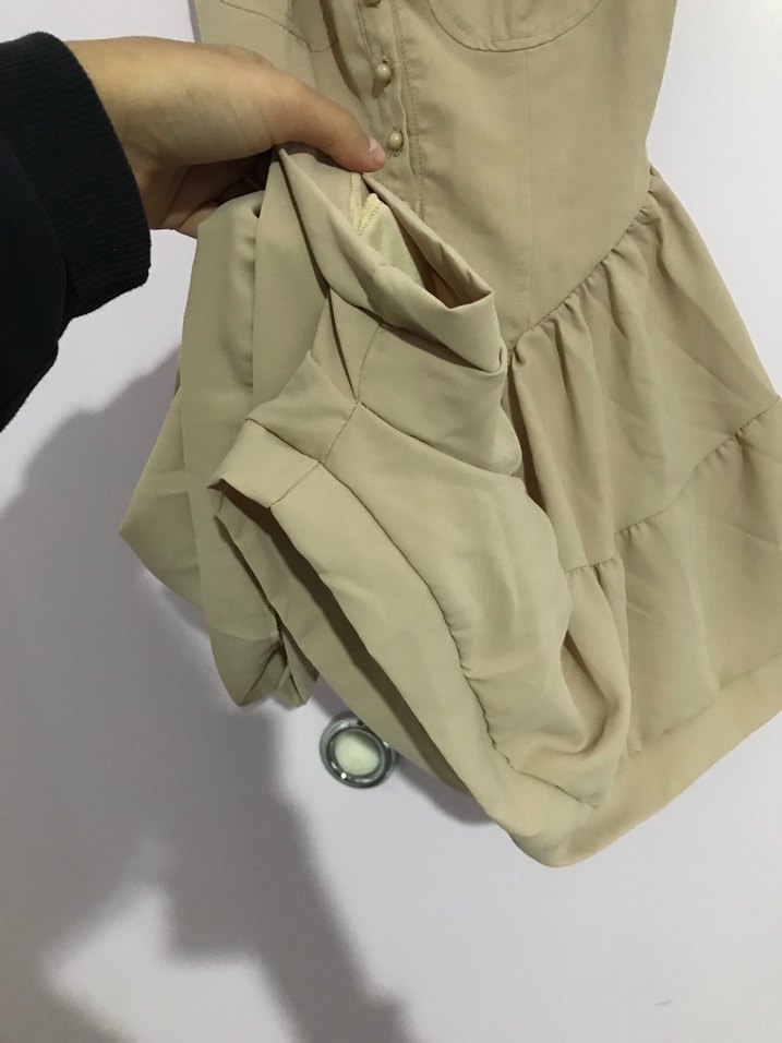 Düğmeli Keten Bej Mini Tulum - Görsel 2