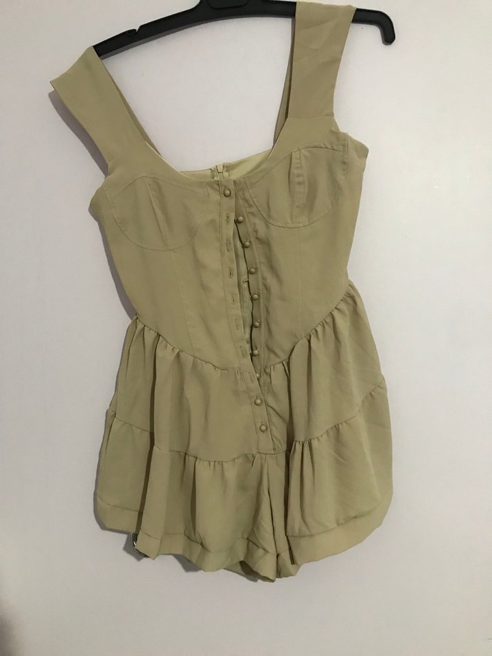 Düğmeli Keten Bej Mini Tulum - Görsel 3