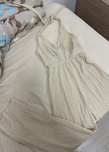 Kadın Keten V Yakalı Pilili Tulum - Görsel 2