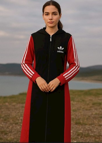 Adidas Adidas Kapüşonlu Fermuarlı Siyah-Kırmızı Uzun Eşofman