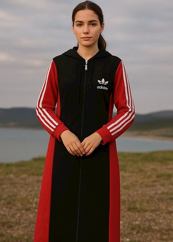 Adidas Kapüşonlu Fermuarlı Siyah-Kırmızı Uzun Eşofman