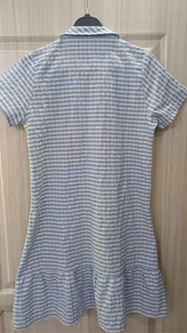 Nakışlı Düğmeli Mavi Kısa Kollu Elbise - Görsel 2