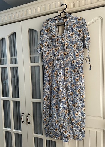 Bohem Uzun Gri Mavi Çiçekli Elbise - Görsel 3