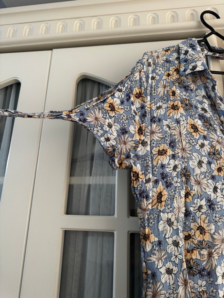 Bohem Uzun Gri Mavi Çiçekli Elbise - Görsel 2