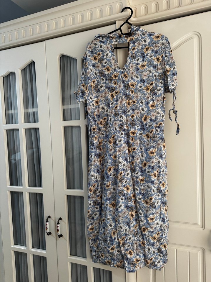 Bohem Uzun Gri Mavi Çiçekli Elbise - Görsel 3