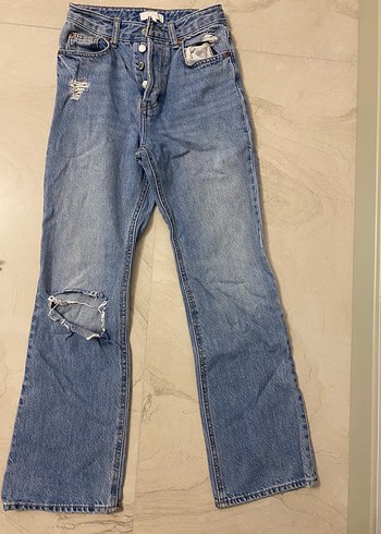 Düğmeli Mavi Midi Denim Kadın Jean