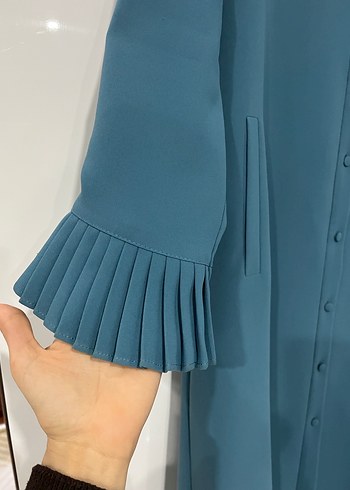 Mavi Uzun Kollu Fırfırlı Kadın Elbise - Görsel 3