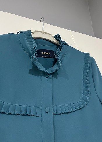 Mavi Uzun Kollu Fırfırlı Kadın Elbise - Görsel 2