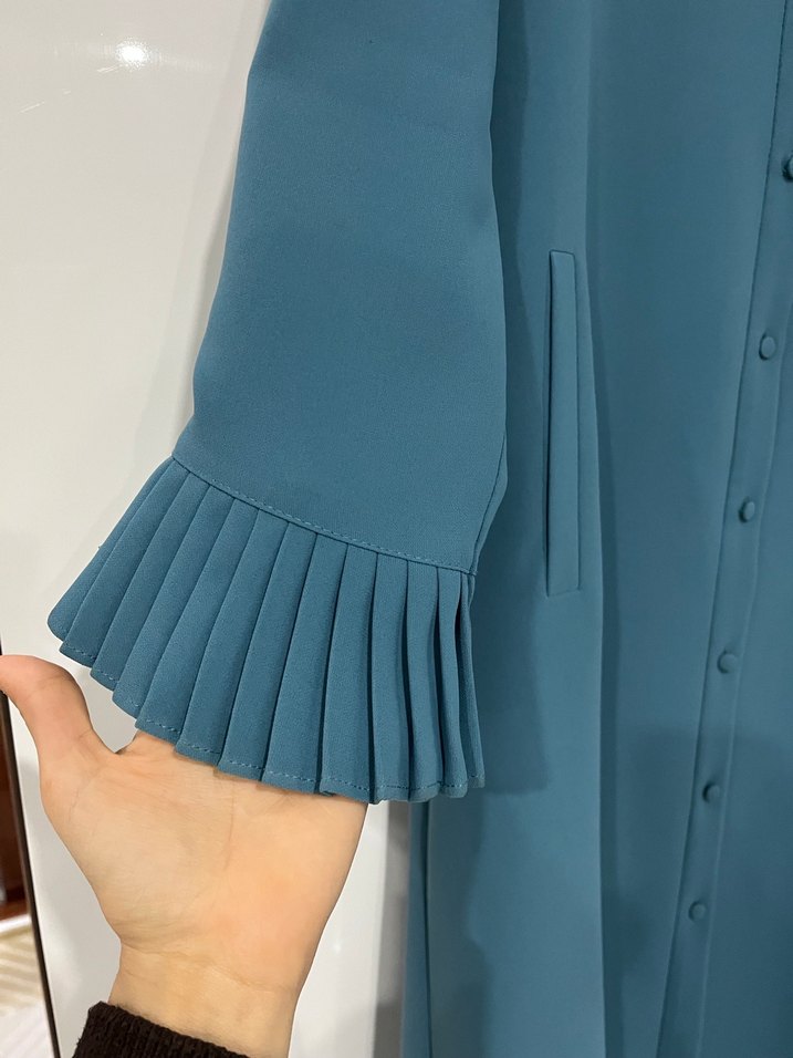 Mavi Uzun Kollu Fırfırlı Kadın Elbise - Görsel 3