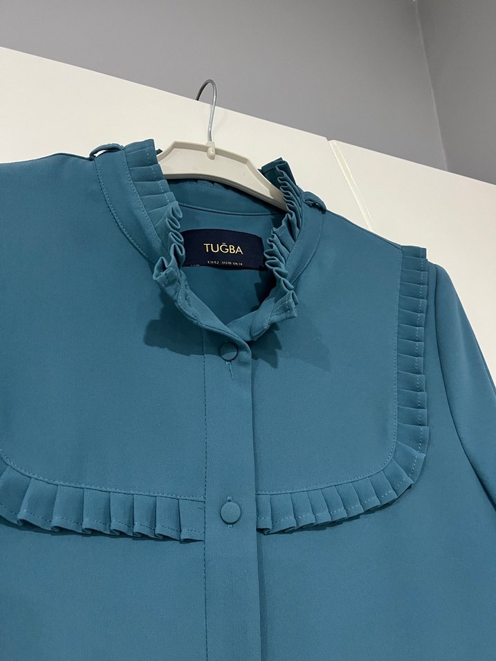 Mavi Uzun Kollu Fırfırlı Kadın Elbise - Görsel 2