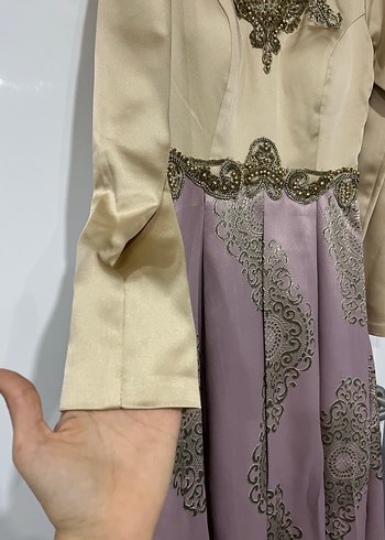 Bej ve Pembe Nakışlı Uzun Kollu Elbise - Görsel 5