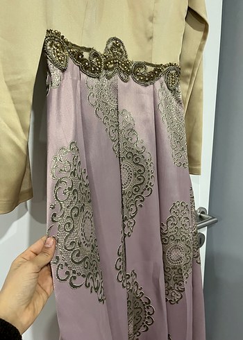 Bej ve Pembe Nakışlı Uzun Kollu Elbise - Görsel 6