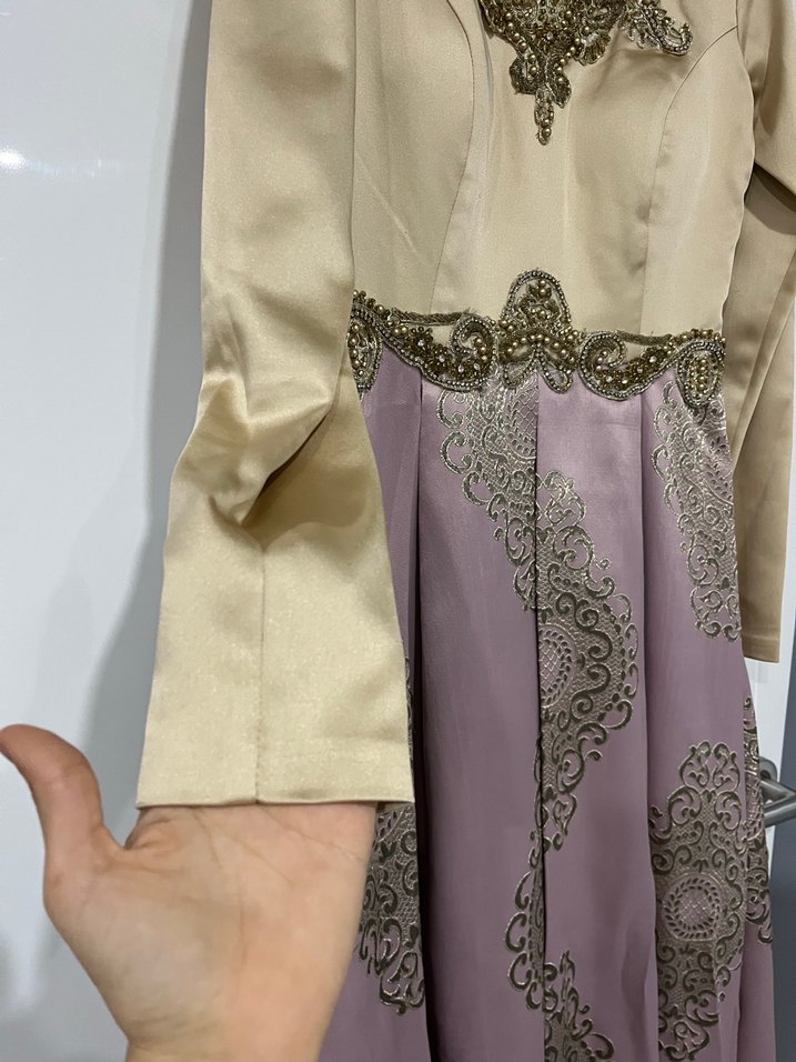 Bej ve Pembe Nakışlı Uzun Kollu Elbise - Görsel 5