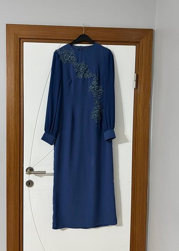 Boncuk İşlemeli Lacivert Uzun Kollu Elbise - Görsel 3