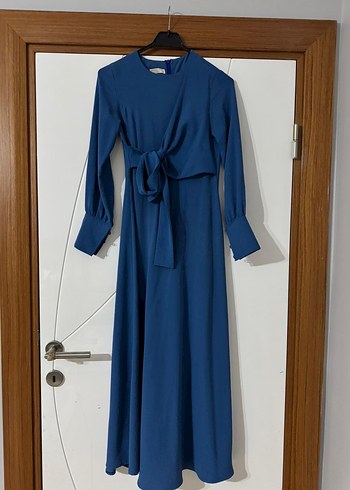 Drapeli Mavi Uzun Kollu Kadın Elbise - Görsel 4