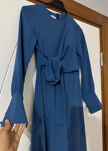 Drapeli Mavi Uzun Kollu Kadın Elbise - Görsel 3