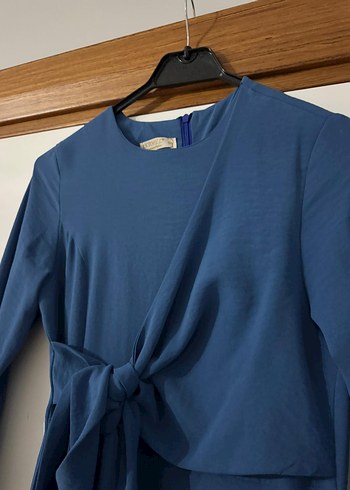 Drapeli Mavi Uzun Kollu Kadın Elbise - Görsel 2