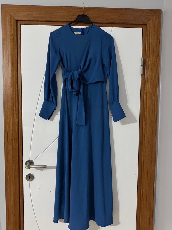 Drapeli Mavi Uzun Kollu Kadın Elbise - Görsel 4