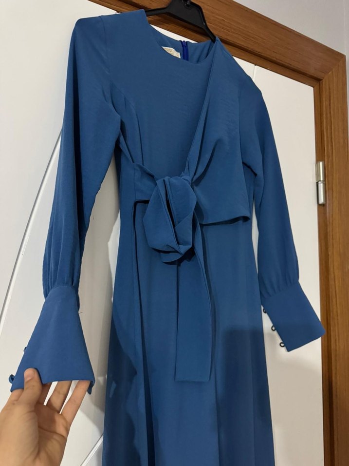 Drapeli Mavi Uzun Kollu Kadın Elbise - Görsel 3