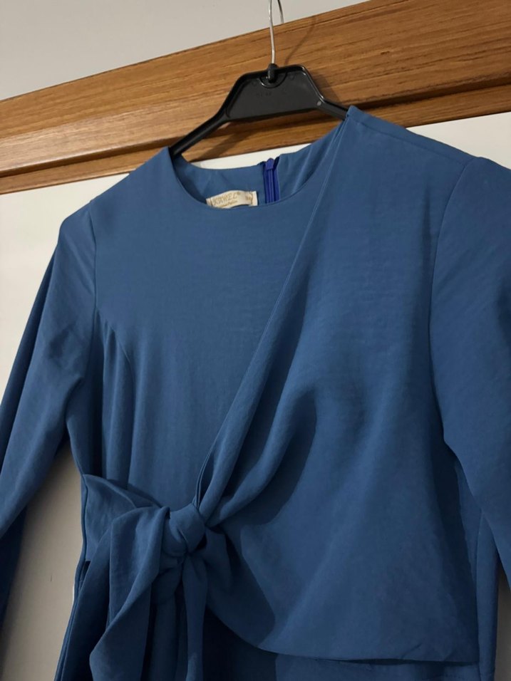 Drapeli Mavi Uzun Kollu Kadın Elbise - Görsel 2