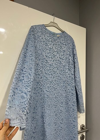 Uzun Kollu Mavi Dantel Kadın Elbise - Görsel 2