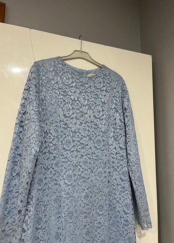 Uzun Kollu Mavi Dantel Kadın Elbise - Görsel 5