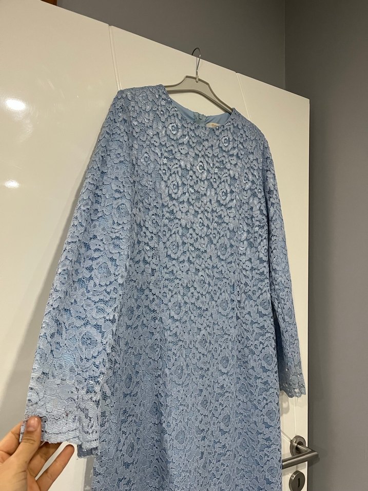 Uzun Kollu Mavi Dantel Kadın Elbise - Görsel 2