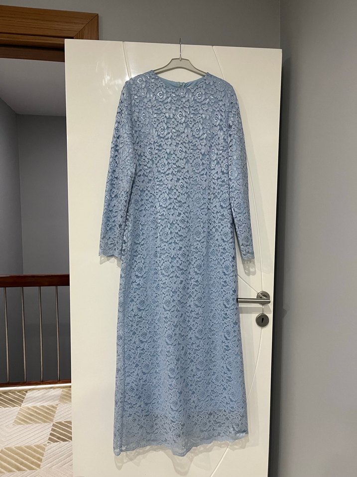 Uzun Kollu Mavi Dantel Kadın Elbise - Görsel 3