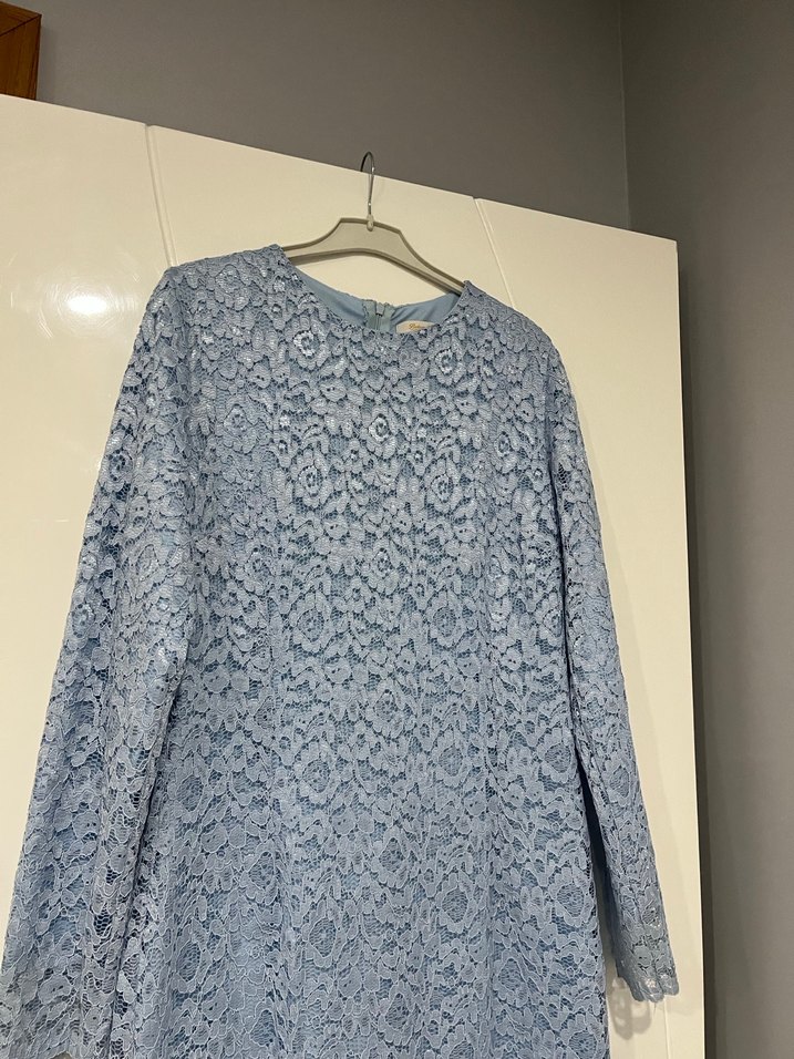 Uzun Kollu Mavi Dantel Kadın Elbise - Görsel 5