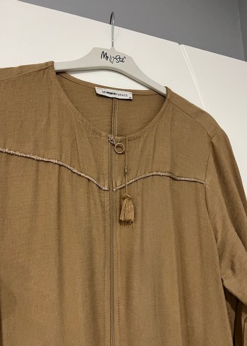 Bej Uzun Keten Elbise, Düğmeli, Nakışlı - Görsel 2