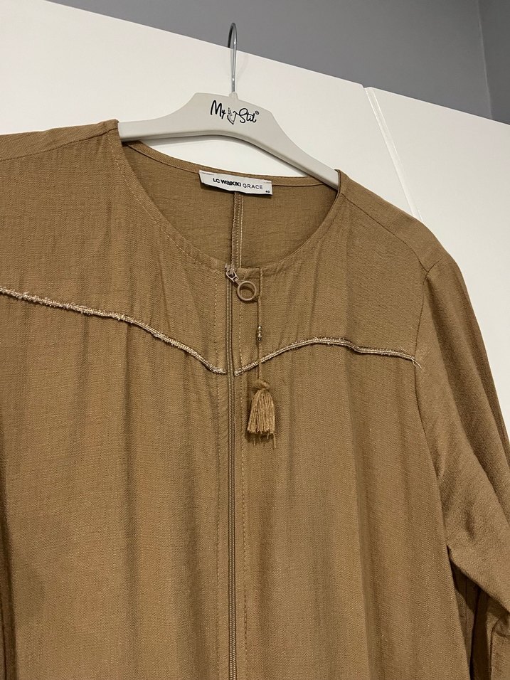 Bej Uzun Keten Elbise, Düğmeli, Nakışlı - Görsel 2