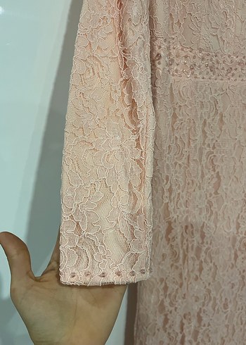 Bej Dantel Uzun Kollu V Yaka Abiye Elbise - Görsel 5