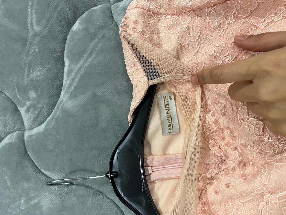 Bej Dantel Uzun Kollu V Yaka Abiye Elbise - Görsel 3