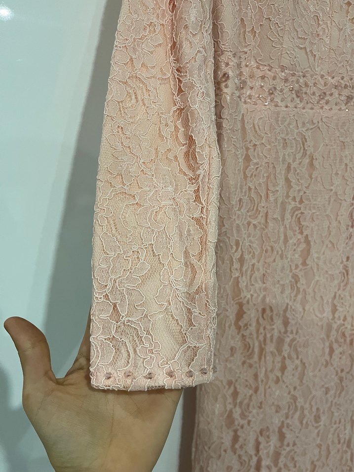 Bej Dantel Uzun Kollu V Yaka Abiye Elbise - Görsel 5