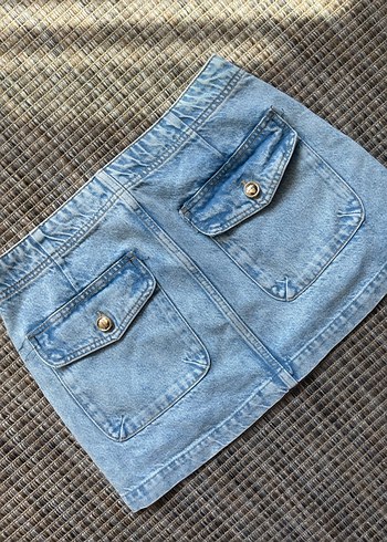 Bershka Mavi cepli Denim Etek