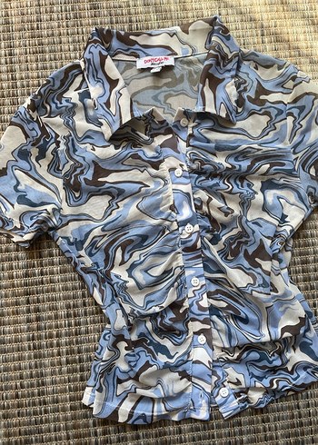 xs Beden Düğmeli Mavi Batik Desenli Kadın Gömlek
