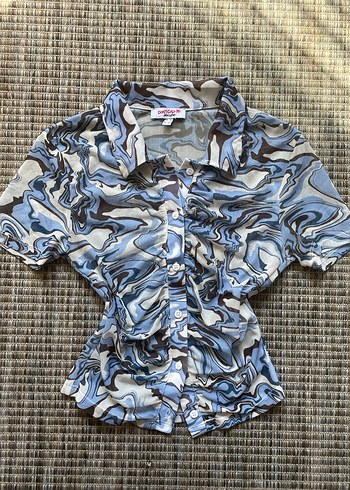 Sheinside Düğmeli Mavi Batik Desenli Kadın Gömlek