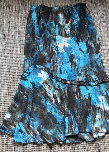 xl Beden Dökümlü Batik Desenli Uzun Mavi Etek