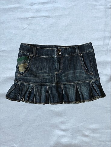 Y2K vintage Mango pileli mini kot etek