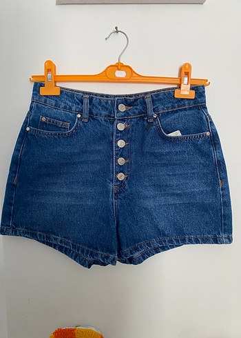 Düğmeli Koyu Mavi Denim Şort