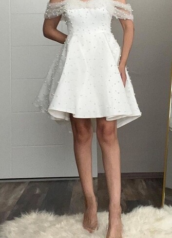 m Beden After party bride parti kına elbisesi mini gelinlik incili M bed
