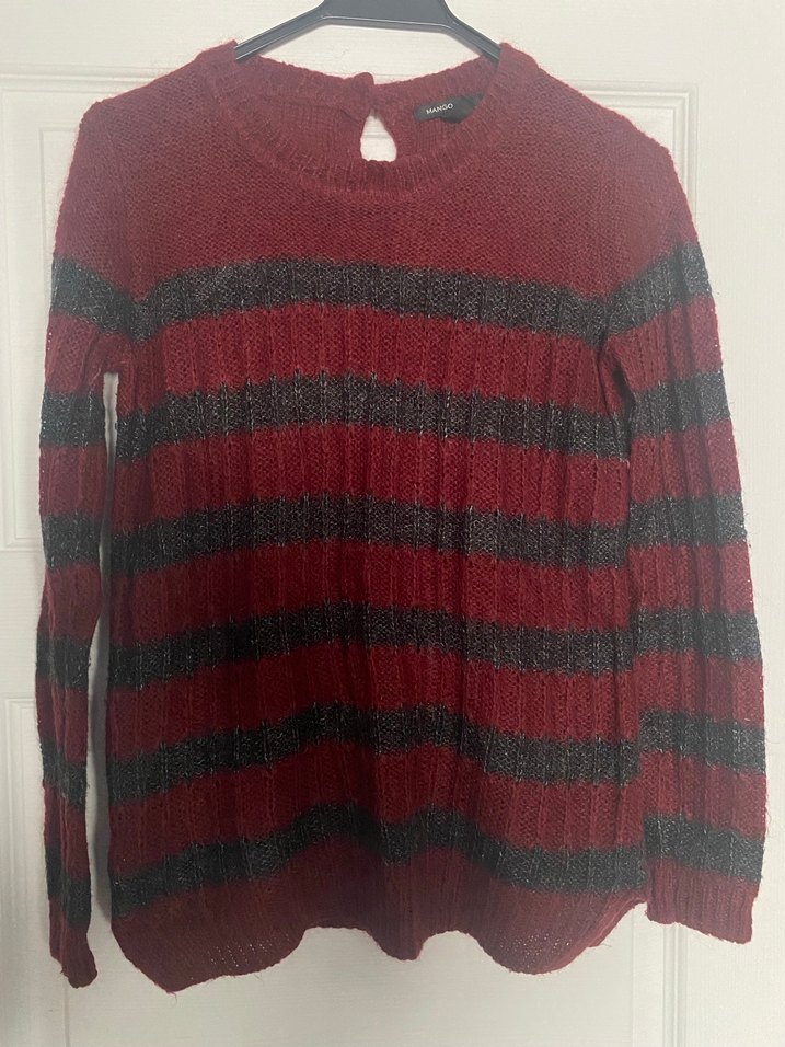 Kırmızı Siyah Çizgili mango Kadın Triko Kazak - Görsel 3