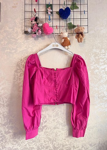 Düğmeli Mini Pembe Uzun Kollu Bluz
